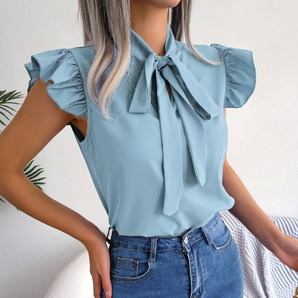 Tops - Summer European And American Style Commuting Ruffle Trim Tie Neck Blouse